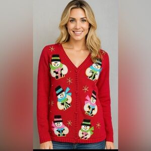 🎄 Victoria Jones Vintage Snowman Christmas Cardigan Sweater Red Sequin Holiday S
